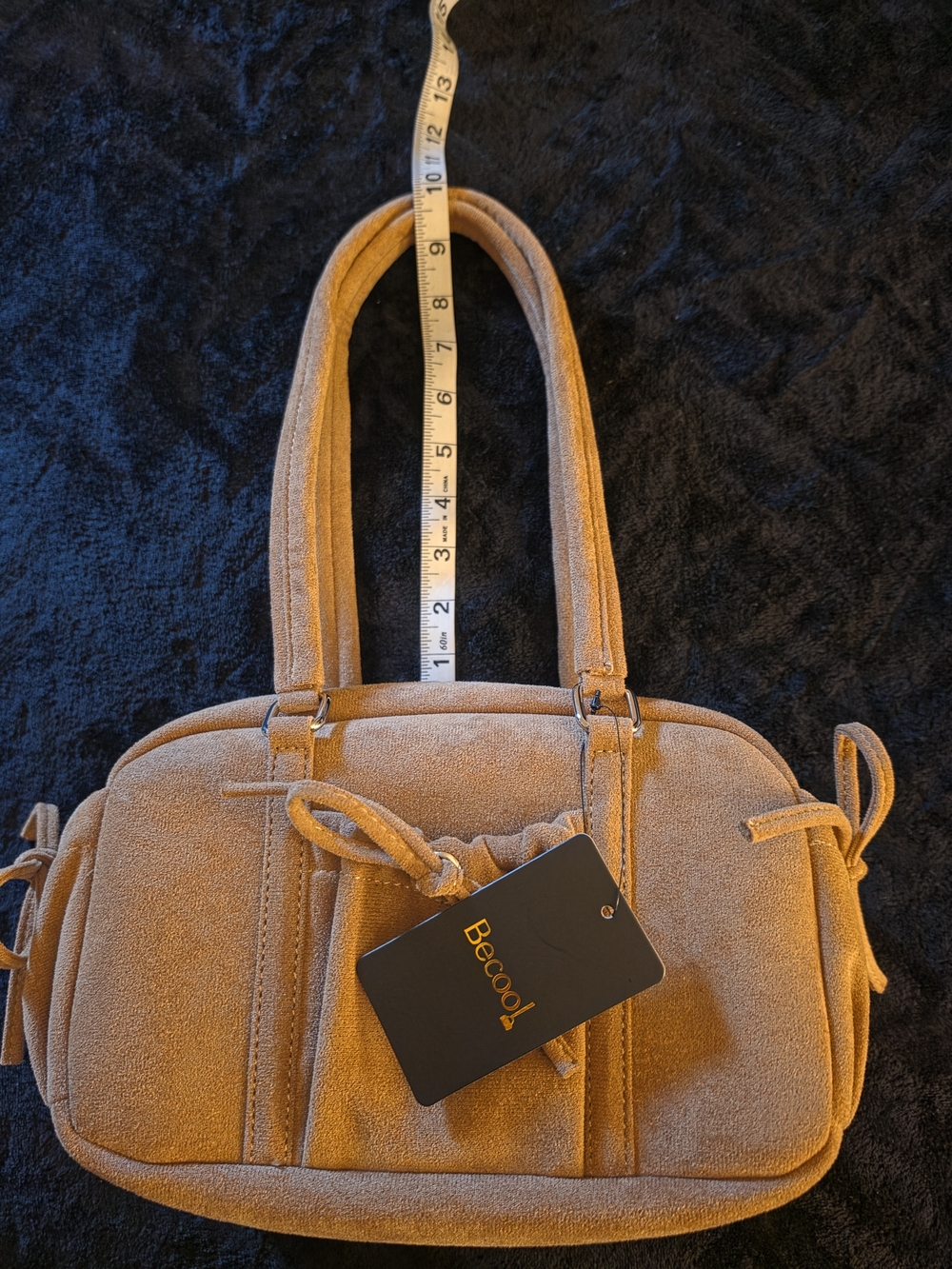 BE COOL Suede Drawstring Shoulder Bag in Camel/Tan. NWT